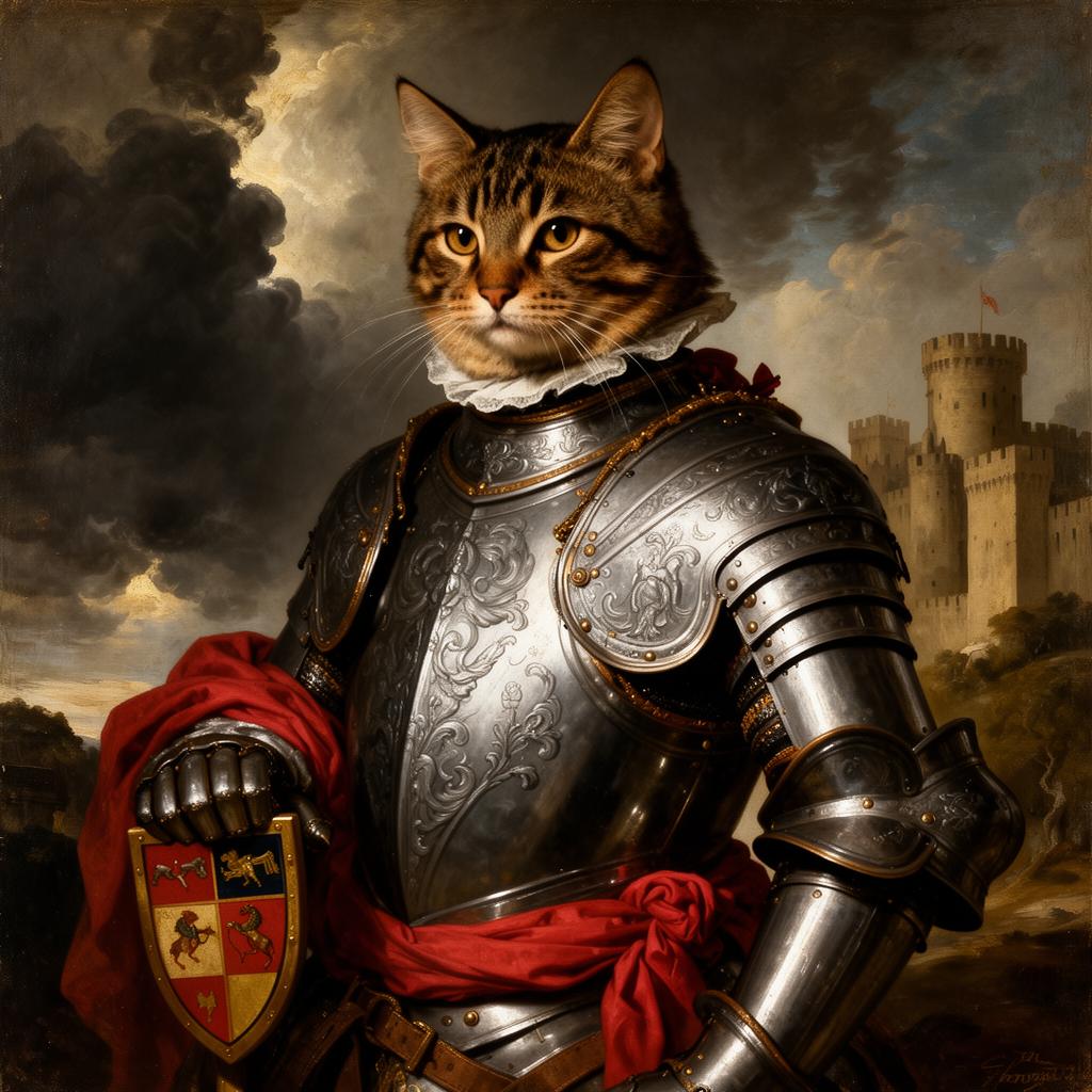 Tabby cat as a knight in engraved silver armor
