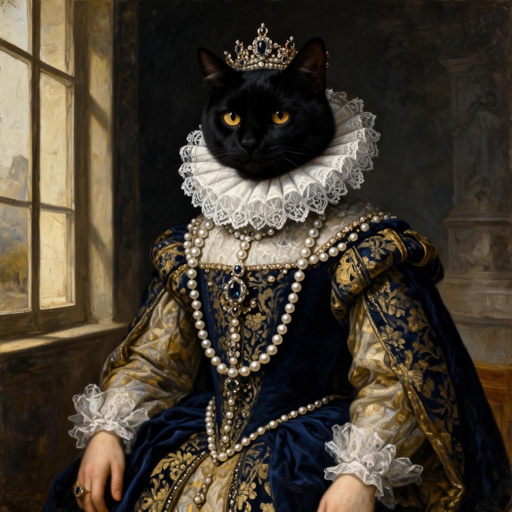 Black cat as a Renaissance queen with pearls and lace