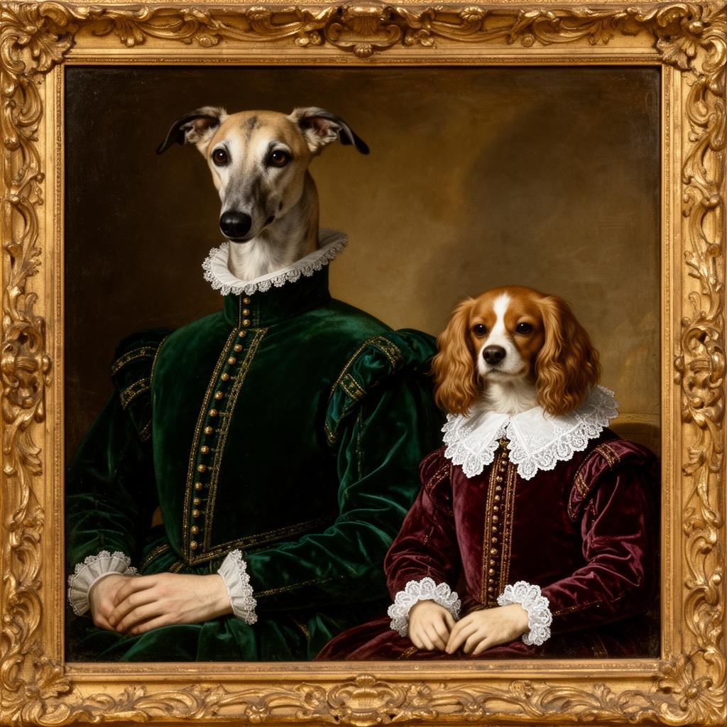 Two dogs as Renaissance nobles in velvet doublets