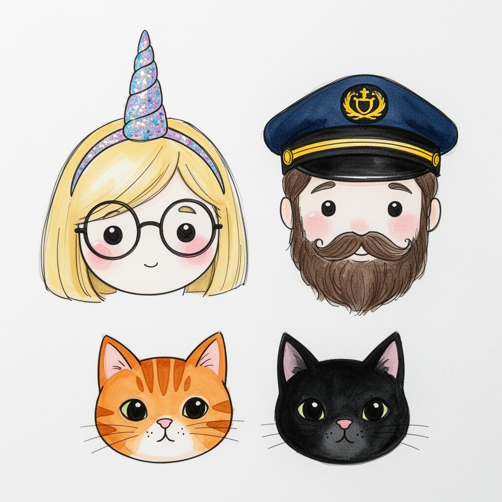 Whimsical doodle portrait of a couple with unicorn horn and captain hat plus two cats