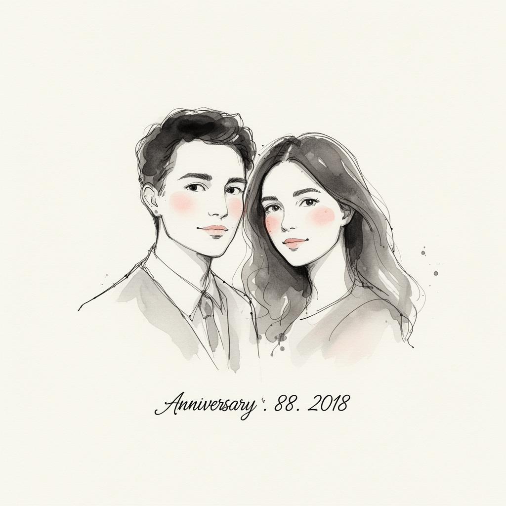 Minimalist watercolor sketch of a couple with anniversary date